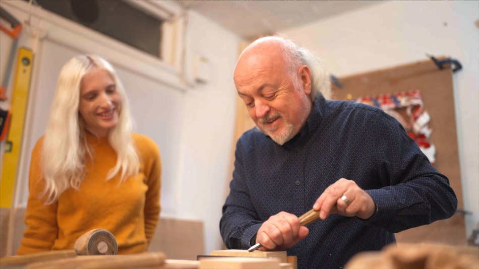 Bill wood carving with Clunie Fretton on Master Crafters