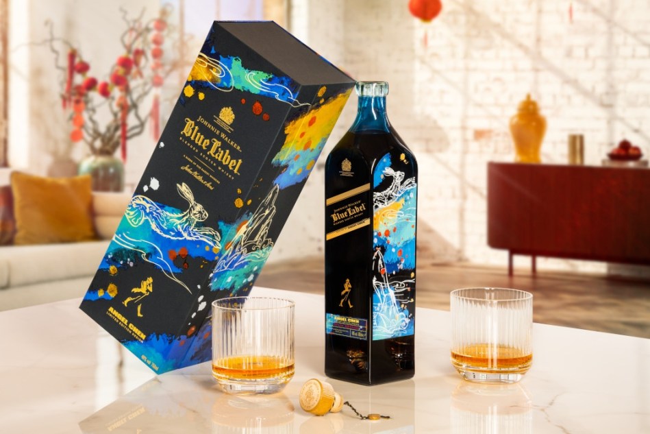 Johnnie Walker Blue Label Limited edition Lunar New Year bottle and two rocks glasses with the amber nectar