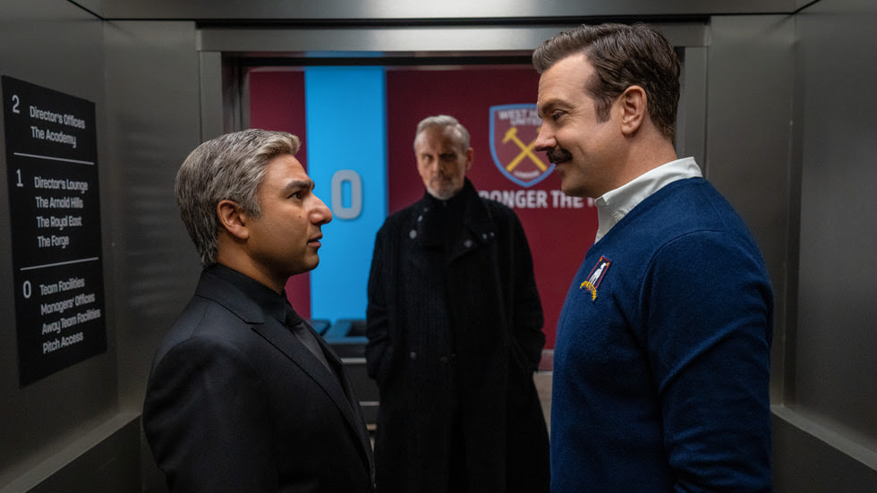 Ted Lasso played by Jason Sudeikis faces off in the Locker Room
