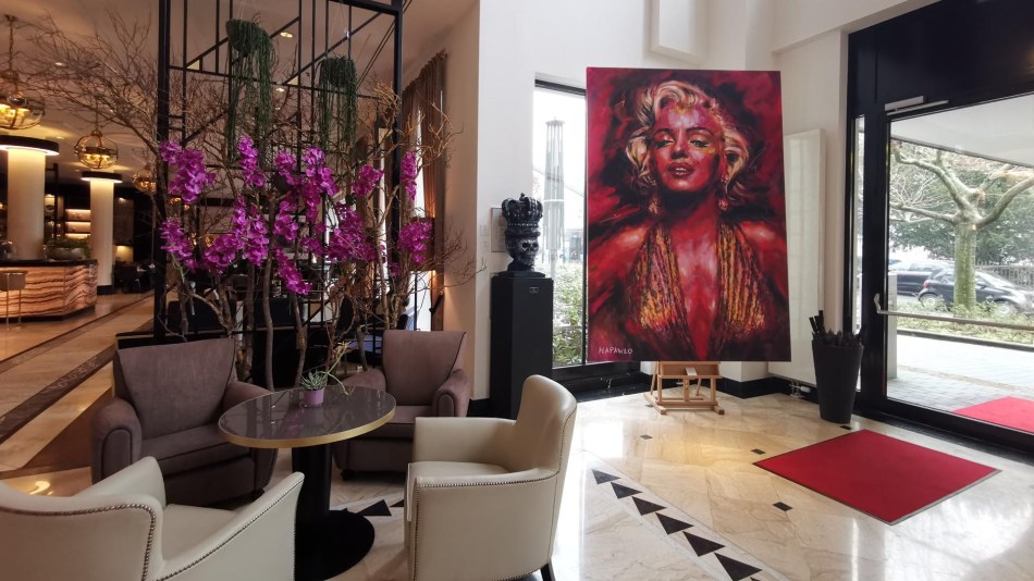 The lobby of the Steigenberger hotel, Bad Homburg, with huge Marilyn Monroe painting