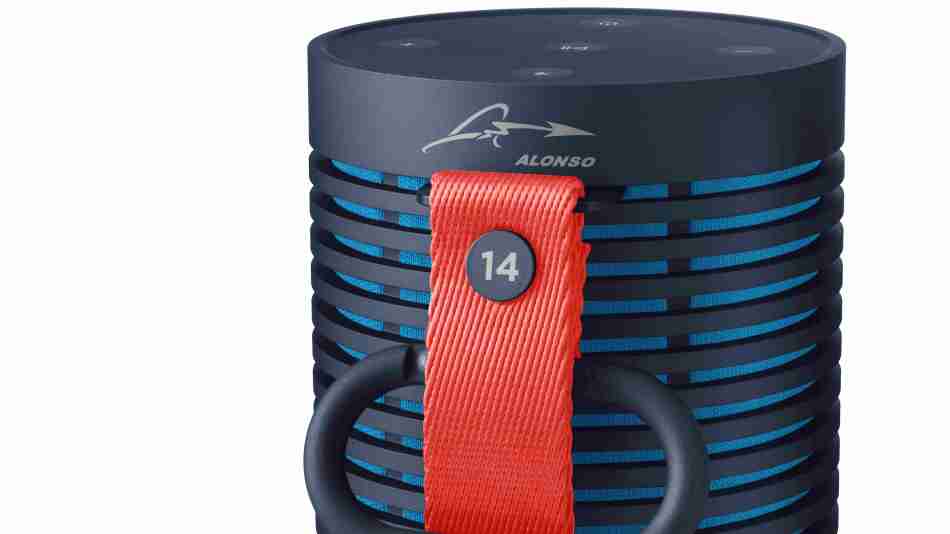 A close up of the Beosound wireless speakers with Fernado Alonso branding