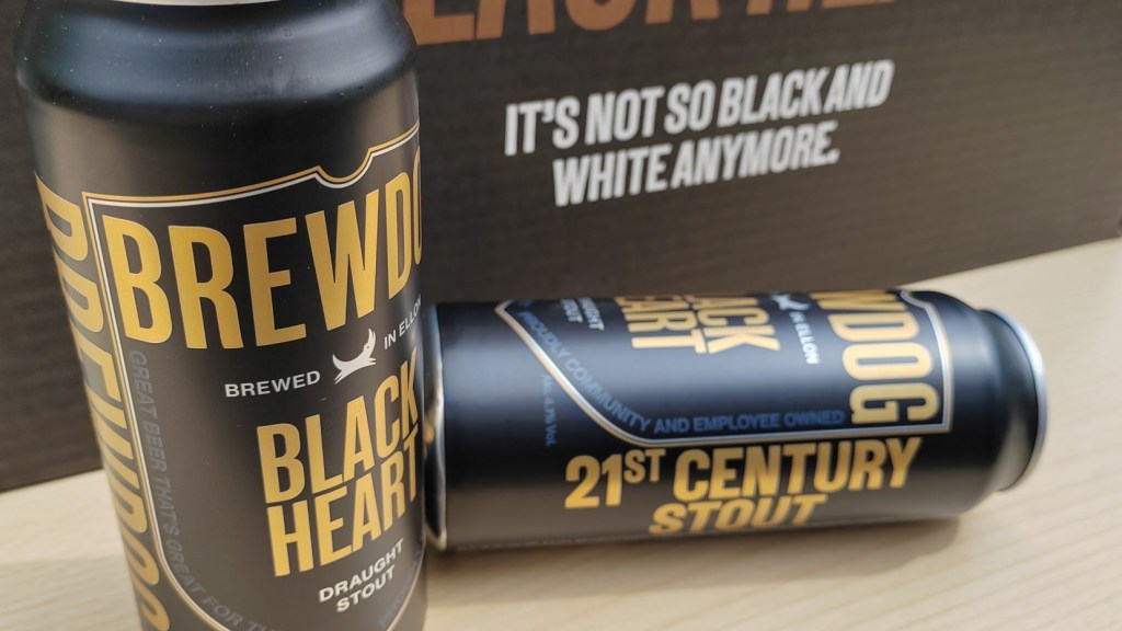 Two cans of Brewdog Black Heart stout beer