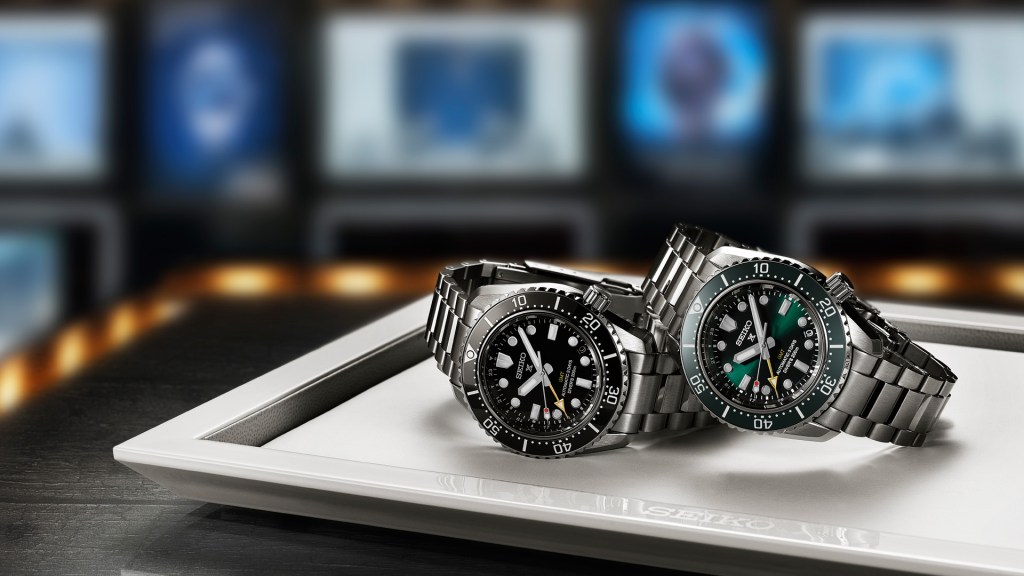 Seiko Prospex GMT divers watches side by side in Marine Green and Darkest Depth colourways