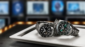 Seiko Prospex GMT divers watches side by side in Marine Green and Darkest Depth colourways