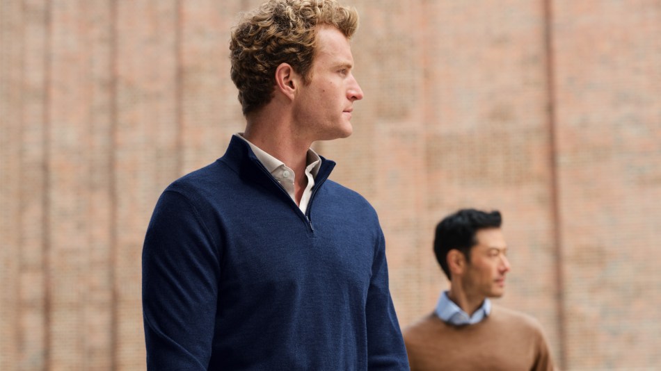 Two stylish guys wearing Merino zip neck jumpers from Charles Tyrwhitt