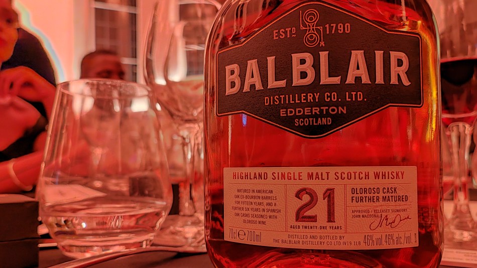 A bottle of Balblair 21 Year Old Single Malt on a table