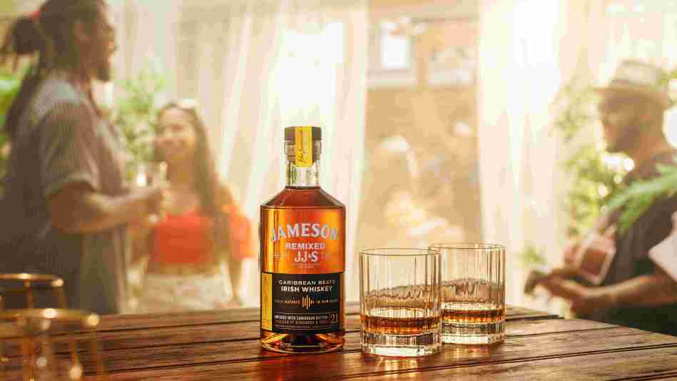 Jameson Remixed Carribean Beats whiskey with two glasses