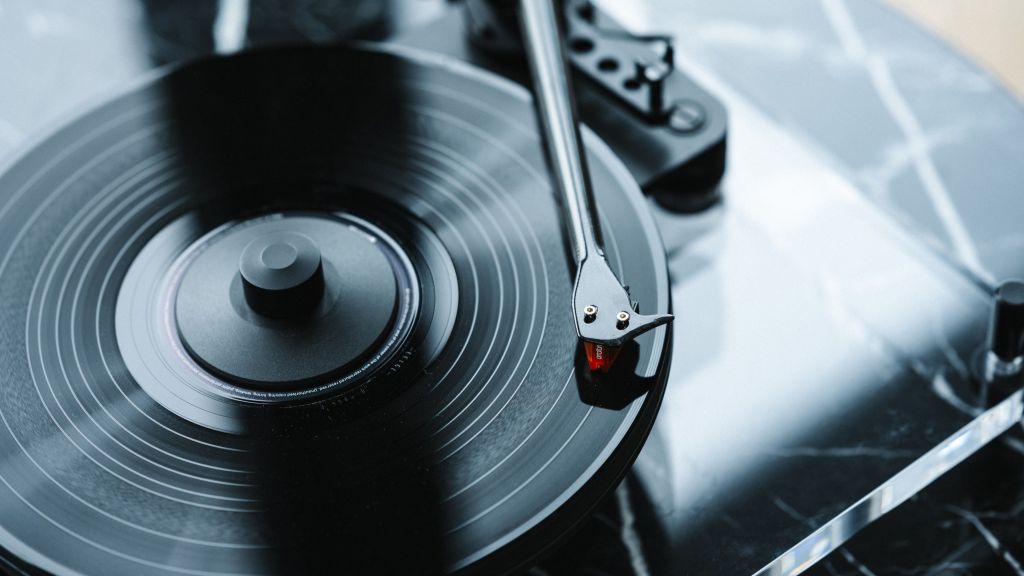 Close up of needle tracking a record on a Pro-Ject record deck
