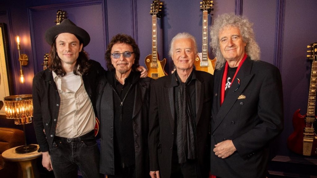 James Bay, Tony Iommi, Jimmy Page, and Sir Brian May at the Gibson Garage London kickoff event on February 22, 2024