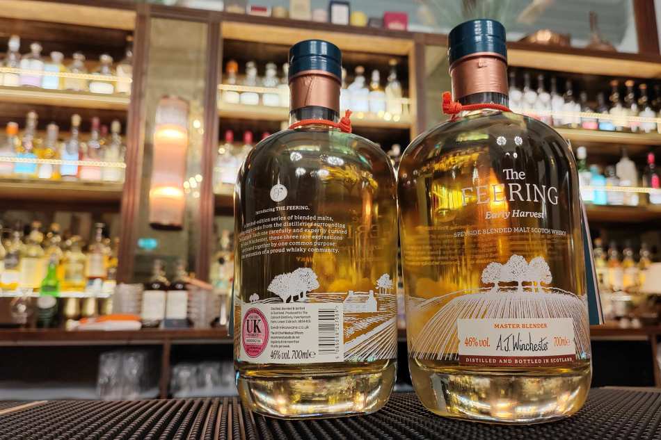 Cabrach's The Feering Early Harvest whisky bottle on the bar