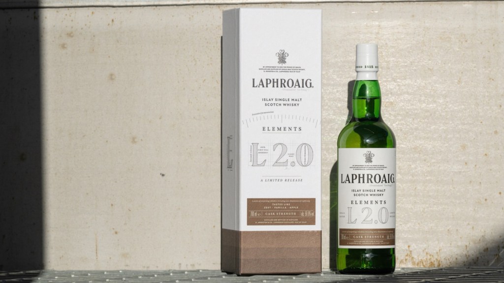 A bottle of Laphroaig Elements 2.0 whisky