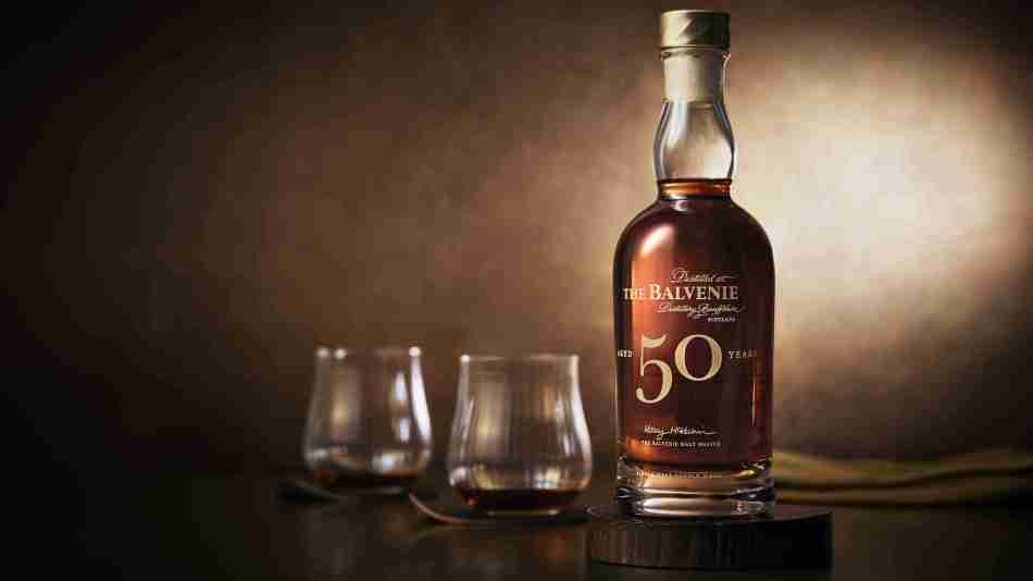 The Balvenie Fifty First Edition whisky bottle and two drams