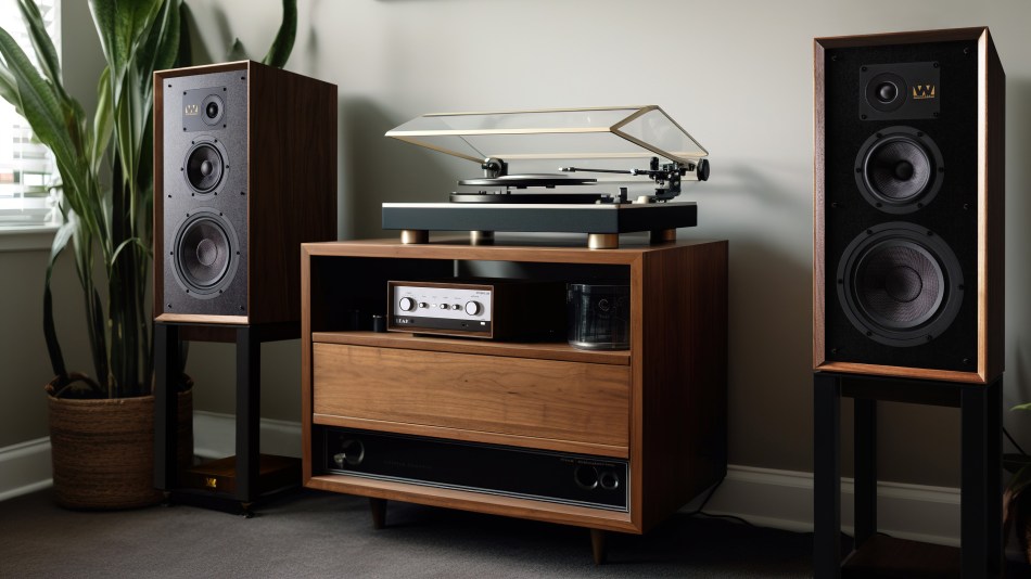 Hi fi wooden vintage speaker system in living room