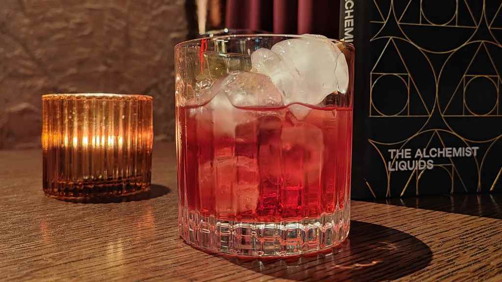 Campari Negroni on a bar top