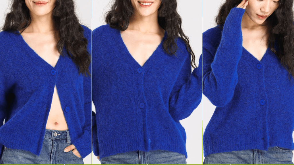 Model wearing royal blue cardigan from ahkeke London