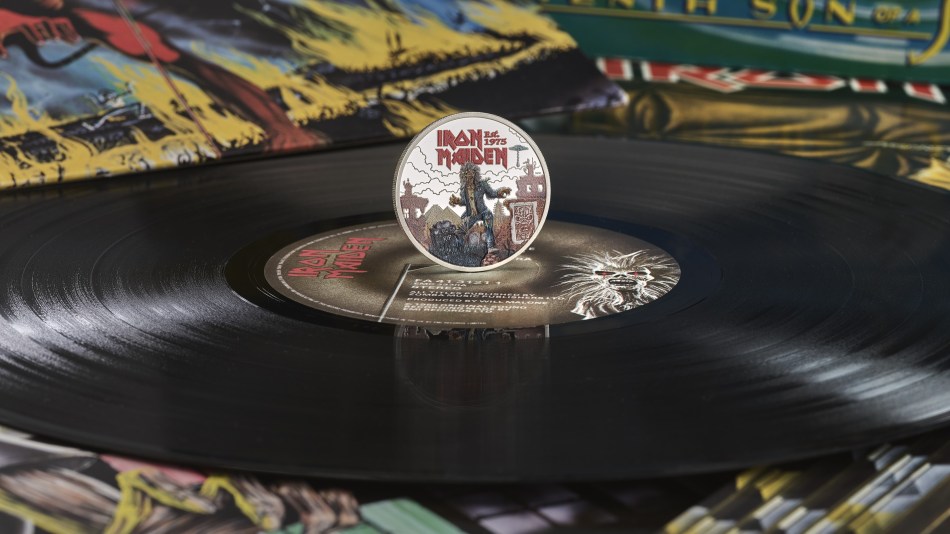 iron maiden silver printed coin on Iron Maiden record