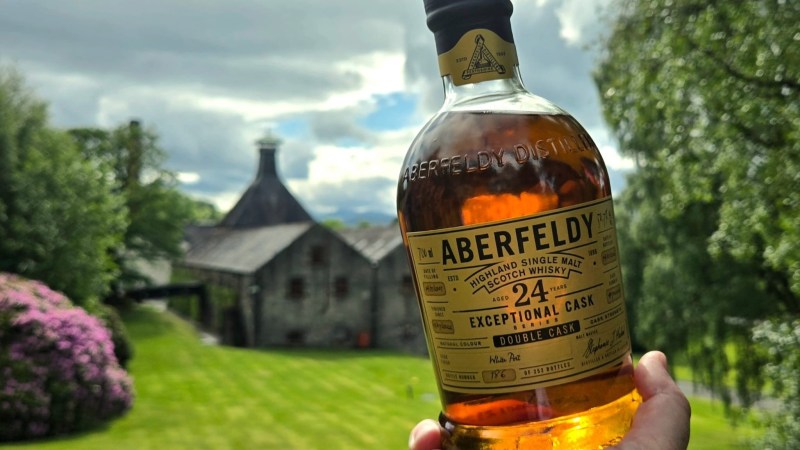 Aberfeldy white port cask finished whisky in the sunlight