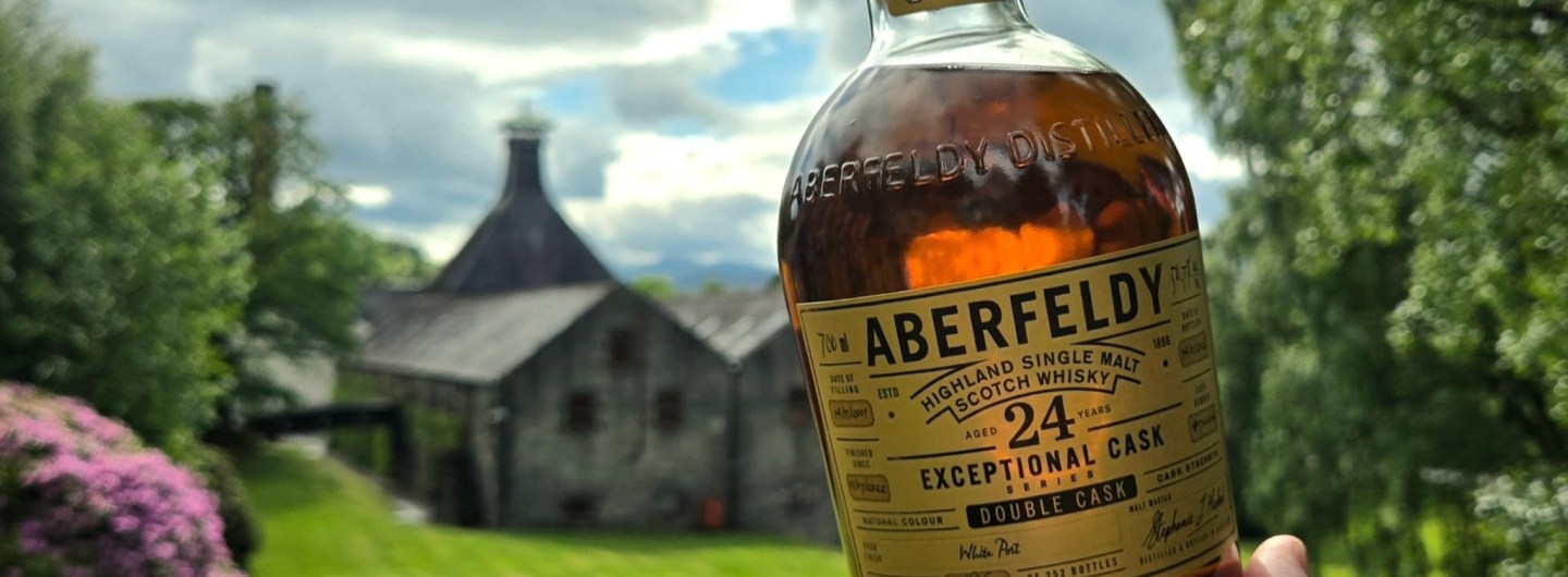 Aberfeldy white port cask finished whisky in the sunlight