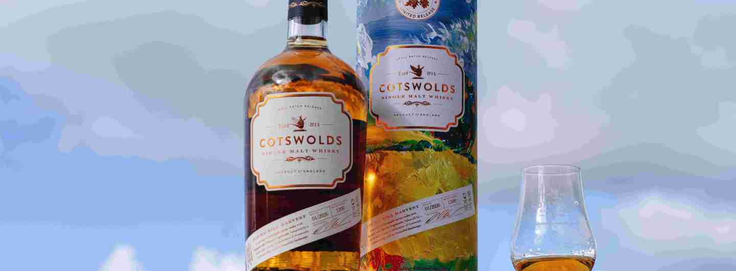 Cotswolds Distillery Harvest Round Hill and glass