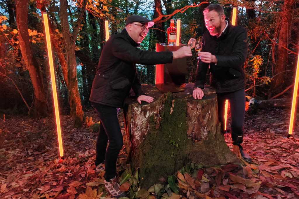 Two smiling individuals clinking glasses on a moss-covered tree stump in a forest, surrounded by colorful lighting and autumn foliage.