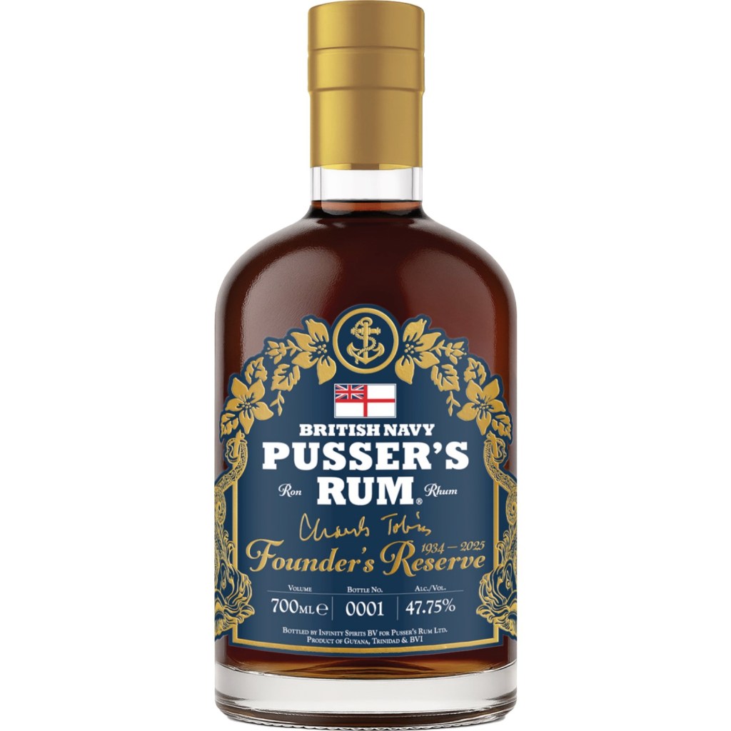 Bottle of British Navy Pusser's Rum, Founder's Reserve edition, featuring a dark amber color with a gold cap and decorative label.