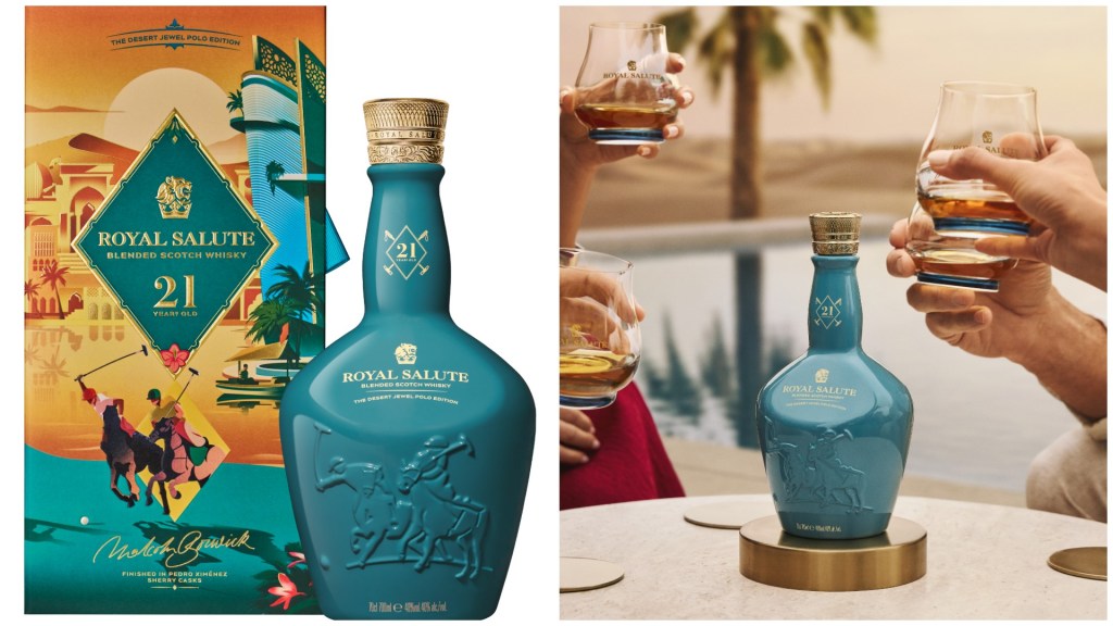 A bottle of Royal Salute 21 Year Old blended Scotch whisky, displayed with its decorative box featuring a vibrant sunset and polo scene, alongside glasses of whisky held by people in a relaxed setting.