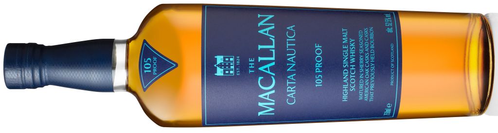 A bottle of The Macallan Carts Nautica 105 Proof Highland Single Malt Scotch Whisky, showcasing a rich amber color with a dark blue label featuring the brand name and alcohol content.